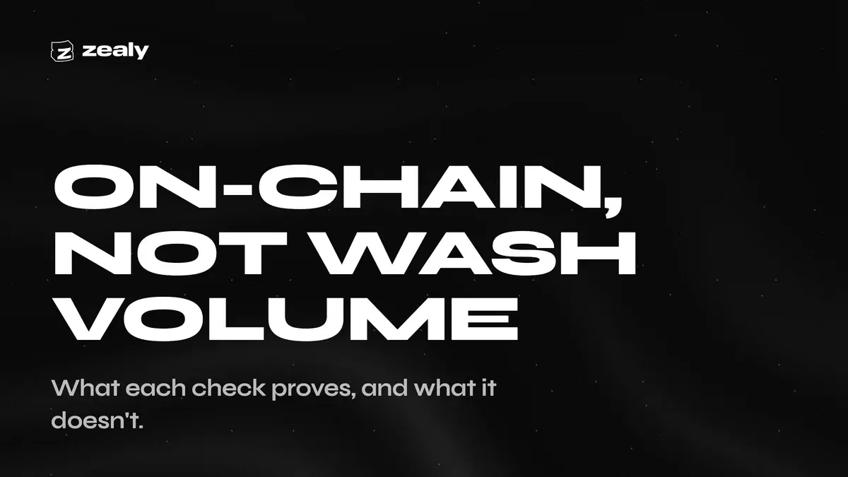 Zealy article cover reading: On-chain, not wash volume. What each check proves, and what it doesn't.