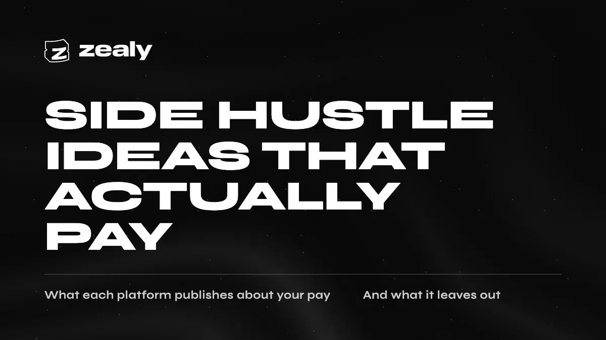 Zealy article cover on a dark textured background reading: Side hustle ideas that actually pay — what each platform publishes about your pay, and what it leaves out.