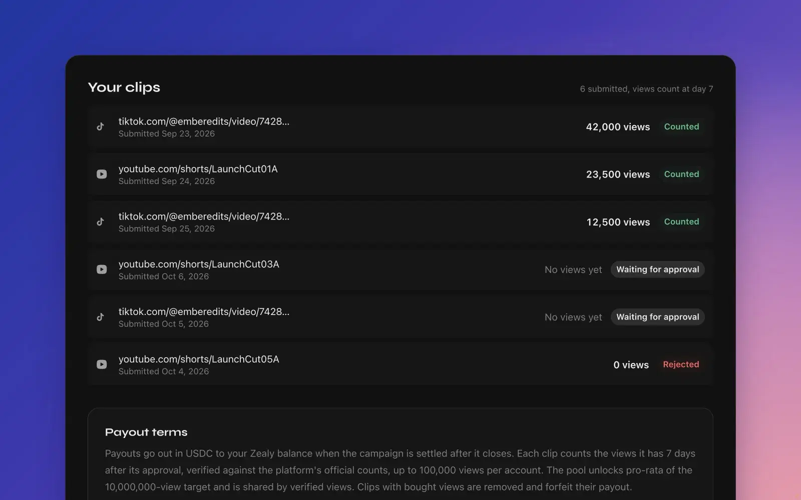 Submitted clips on TikTok and YouTube with their review status and verified views