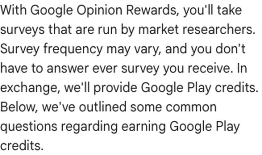 Opening paragraph of Google's Android Opinion Rewards help article, describing the same app as the iOS article but stating that in exchange Google will provide Google Play credits.