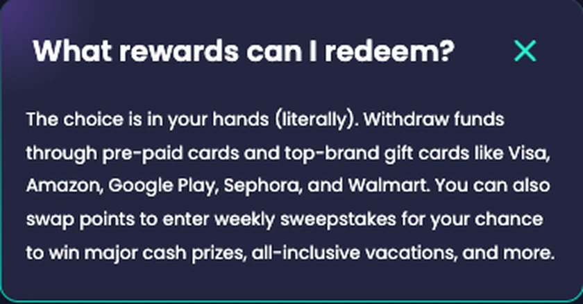 Expanded FAQ item on Mistplay's homepage headed 'What rewards can I redeem?', answering that you can withdraw funds through pre-paid cards and top-brand gift cards like Visa, Amazon, Google Play, Sephora and Walmart, and can also swap points to enter weekly sweepstakes.