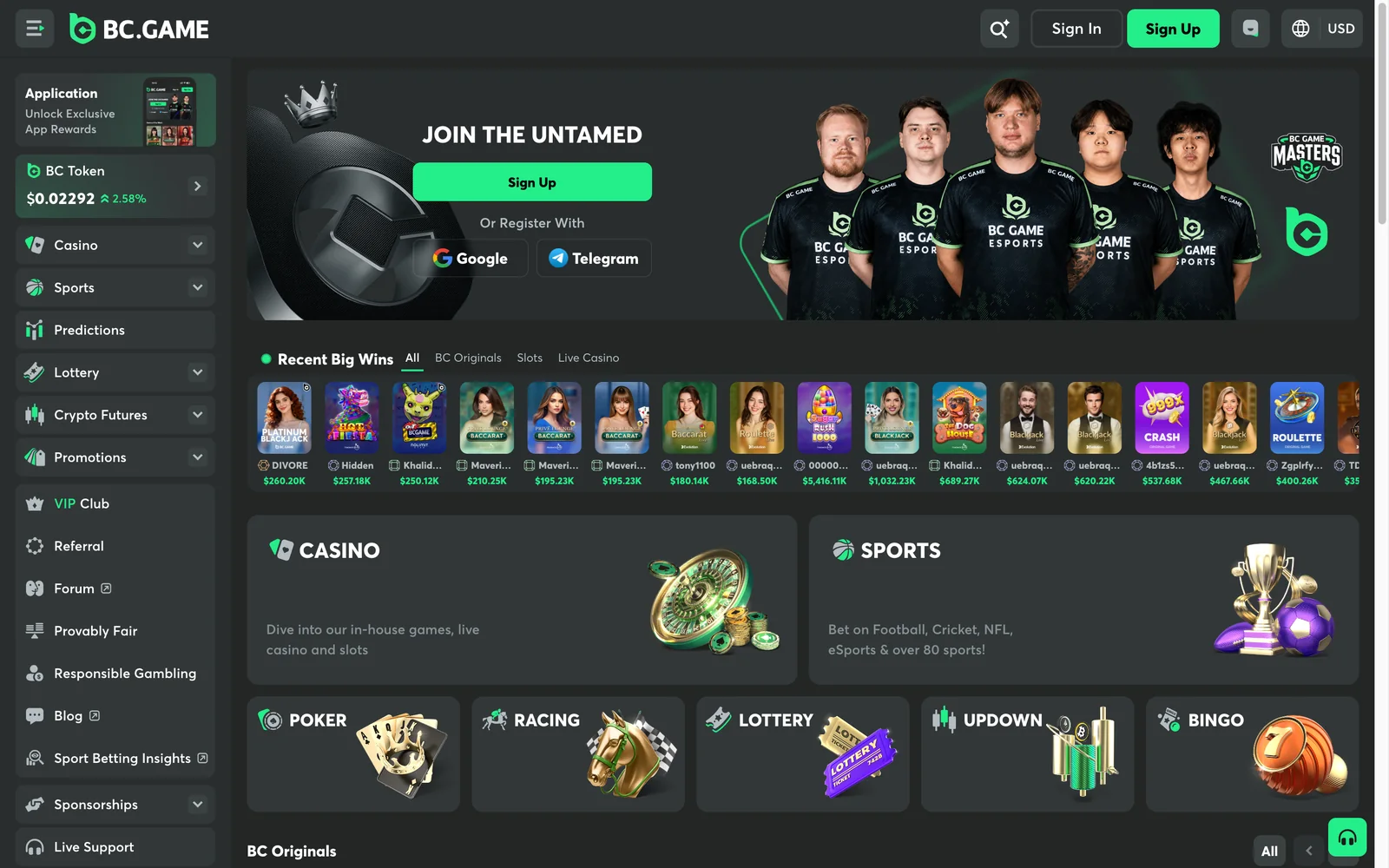 BC.GAME homepage with the BC Token price ticker in the sidebar, a Join the Untamed signup panel, and a Recent Big Wins feed.