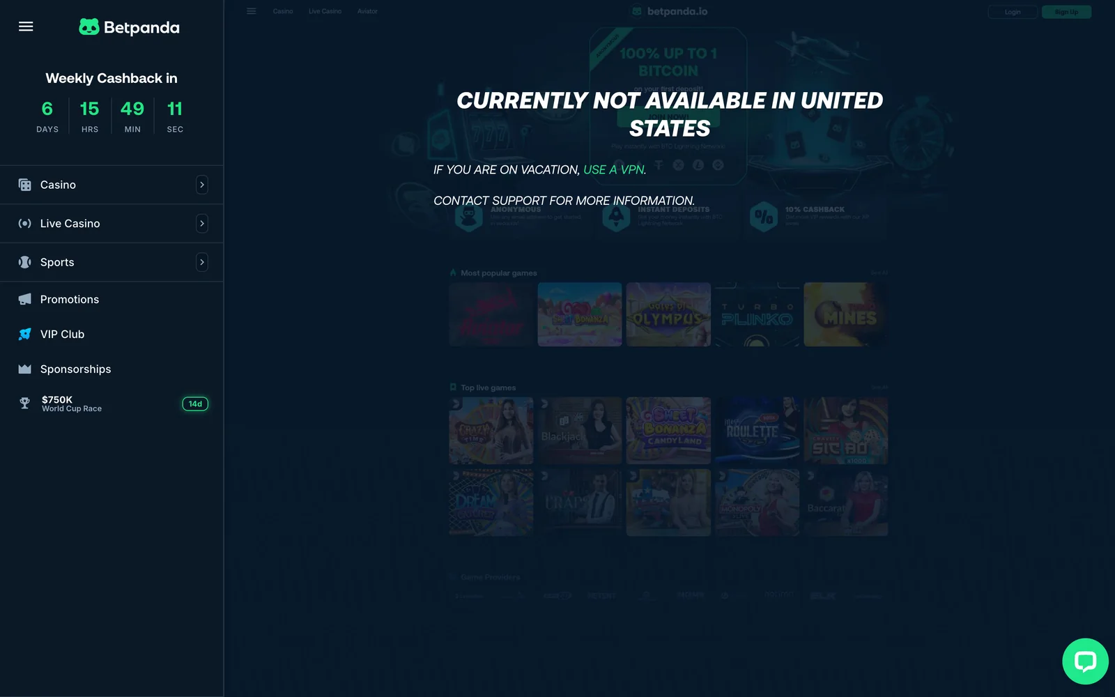Betpanda.io block page reading Currently not available in United States, over a dimmed casino lobby, suggesting a VPN for travellers.