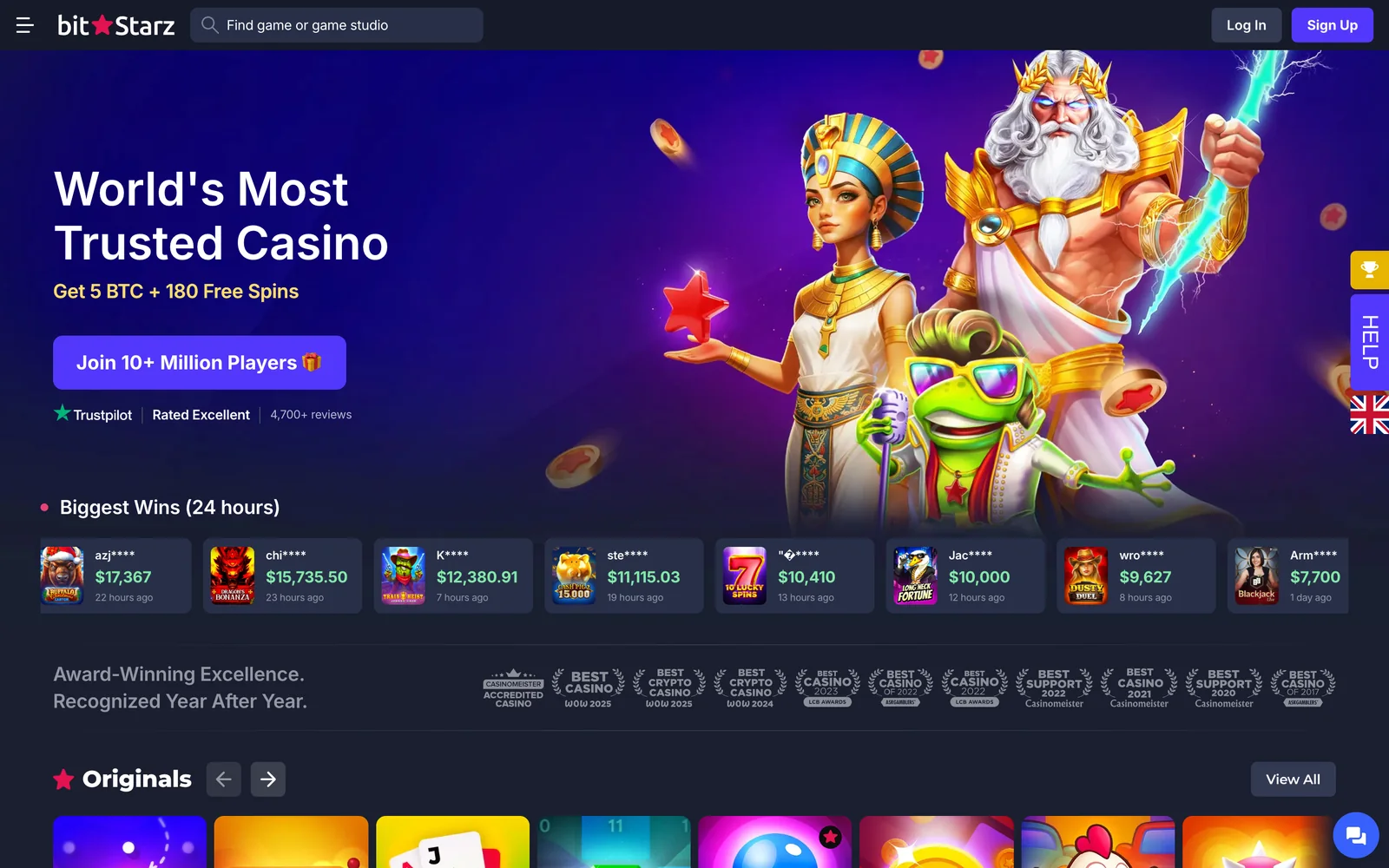 BitStarz homepage headlined World's Most Trusted Casino with a 5 BTC plus 180 free spins welcome offer, a Trustpilot rating and a biggest-wins ticker.
