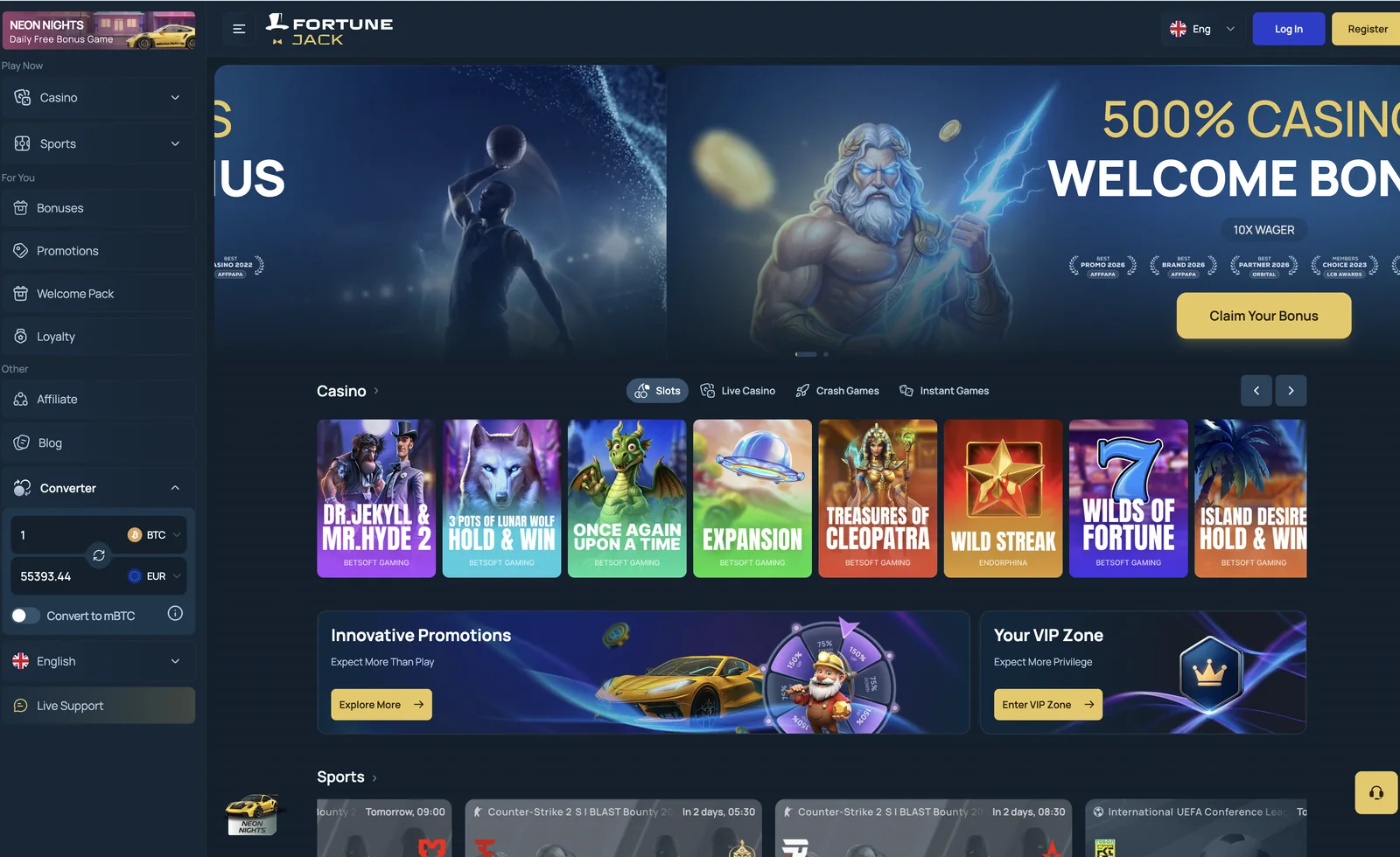 FortuneJack homepage with a 500% casino welcome bonus banner marked 10x wager, a Betsoft slot grid, a BTC to EUR converter and an esports fixture rail.