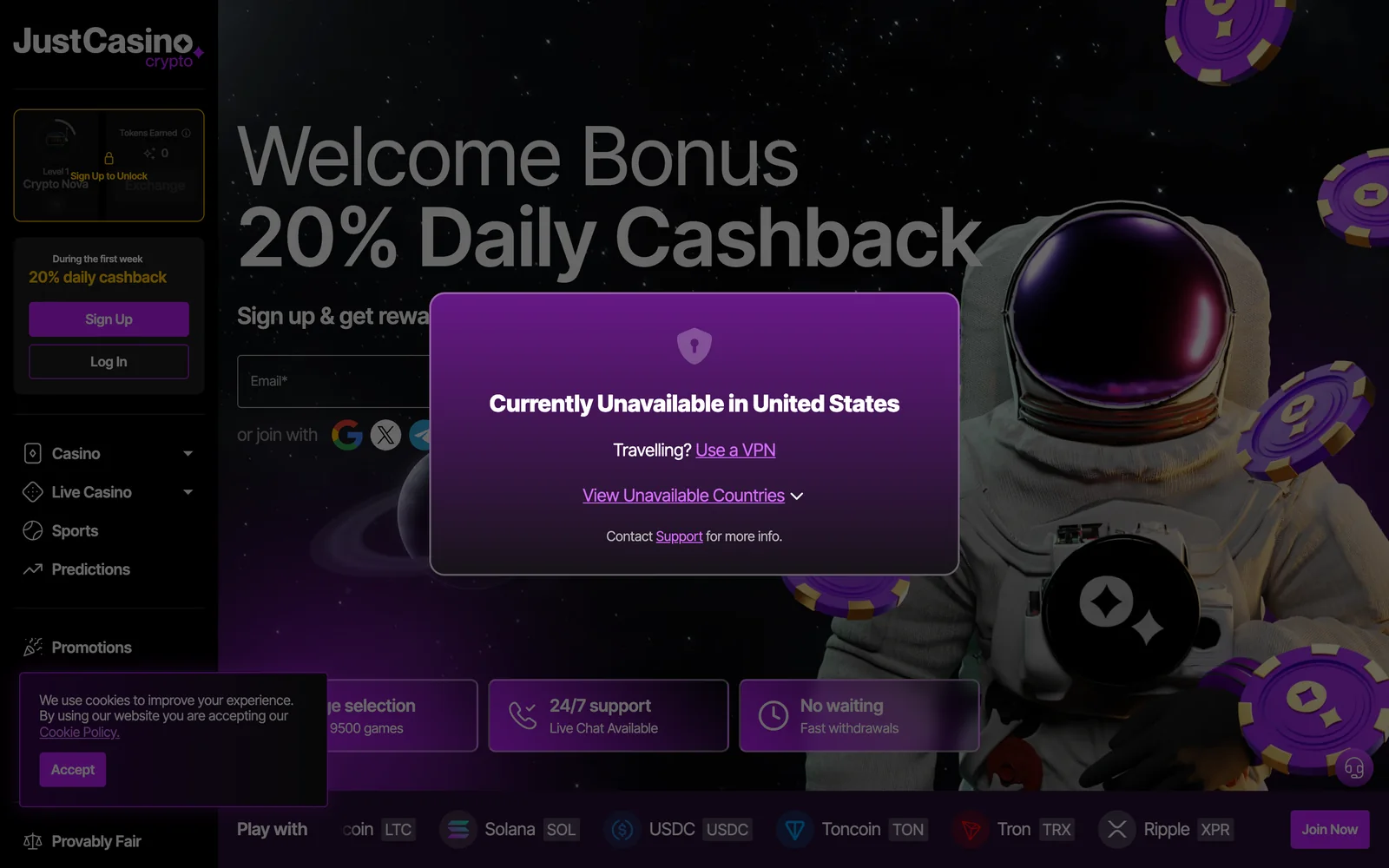 JustCasino.io homepage with a 20% daily cashback welcome offer behind a modal reading Currently Unavailable in United States.