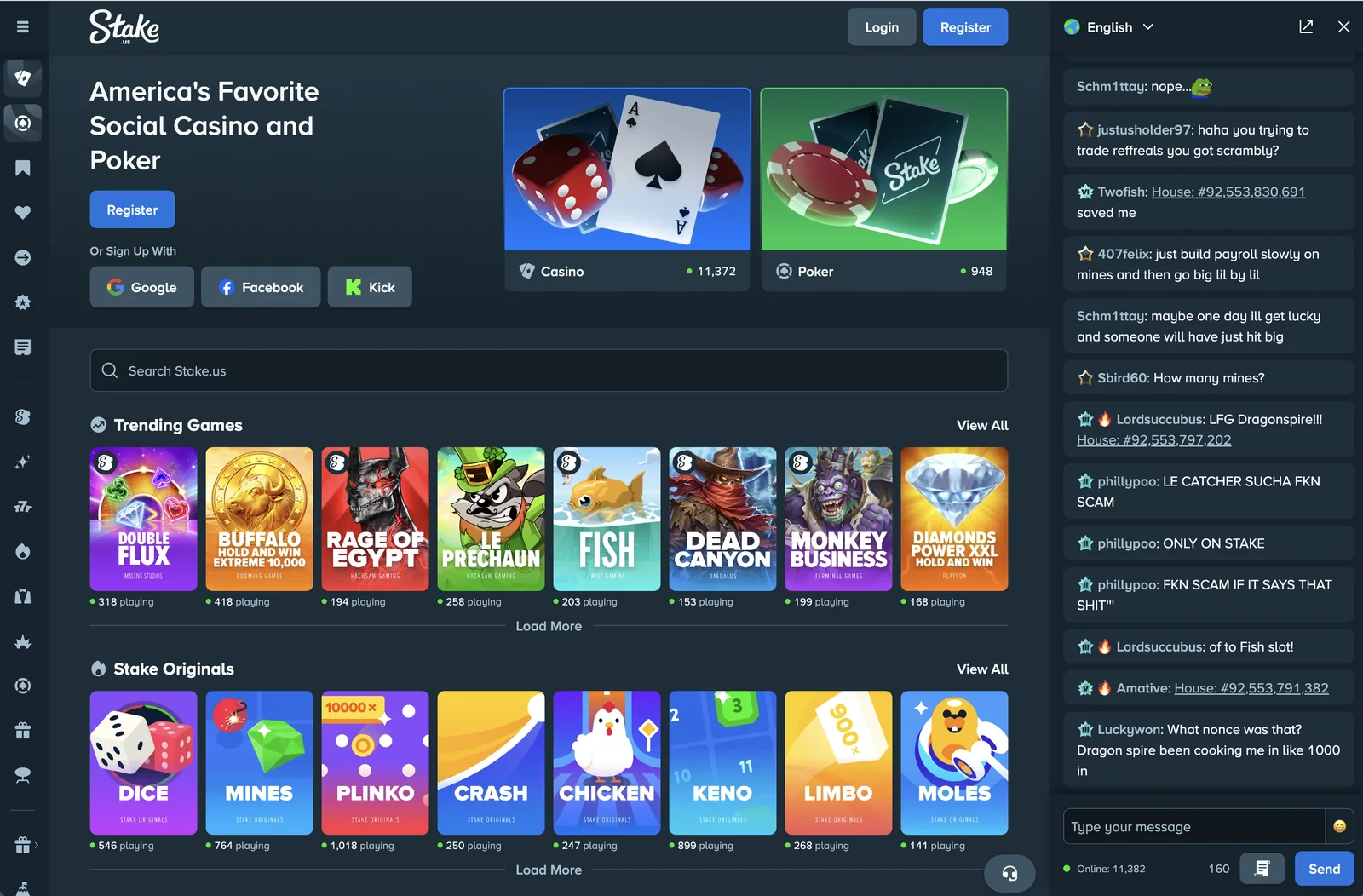 Stake.us landing page showing the social casino lobby, Casino and Poker tiles with live player counts, and the Stake Originals game grid.