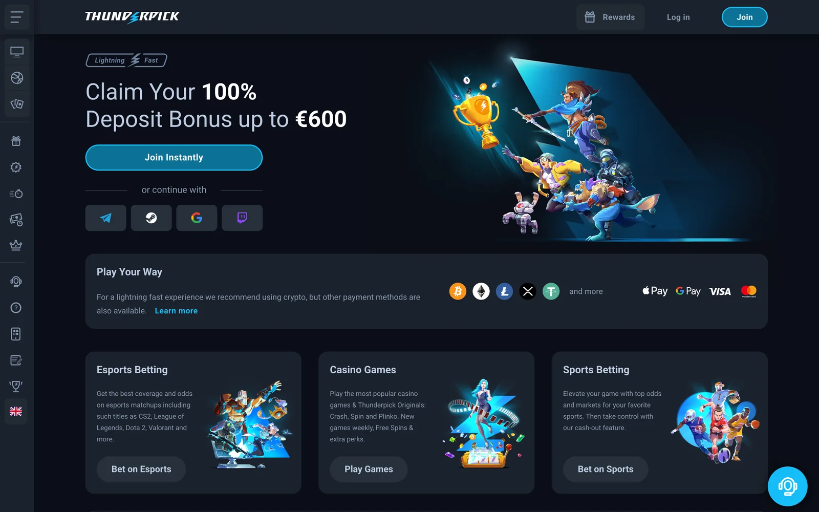 Thunderpick homepage offering a 100% deposit bonus up to 600 euro, with esports betting, casino and sports betting panels and BTC, ETH, LTC, USDT payment icons.