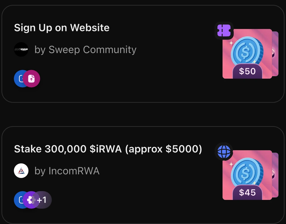 The top two quests on Zealy's public Earn board as they appear on a phone: Sign Up on Website by Sweep Community paying $50, above Stake 300,000 $iRWA (approx $5000) by IncomRWA paying $45.