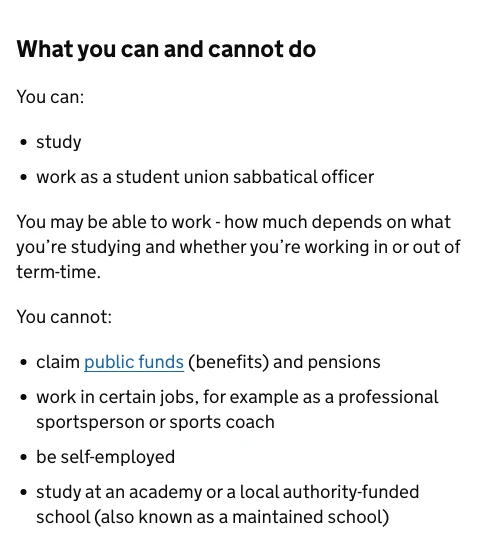 Screenshot of the GOV.UK Student visa overview page, section headed What you can and cannot do. Under You can it lists two items: study, and work as a student union sabbatical officer. Under You cannot it lists: claim public funds, work in certain jobs such as a professional sportsperson or sports coach, be self-employed, and study at an academy or local authority-funded school.