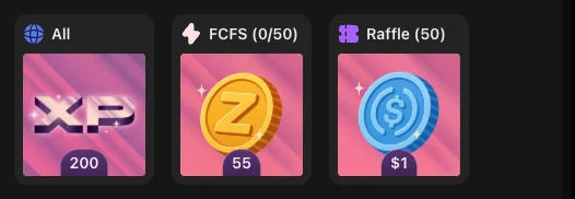 The Rewards block of the Kanga Global registration quest on Zealy, showing three reward cards side by side: All with 200 XP, FCFS zero of fifty with 55 Zaps, and Raffle fifty with one dollar in USDC.