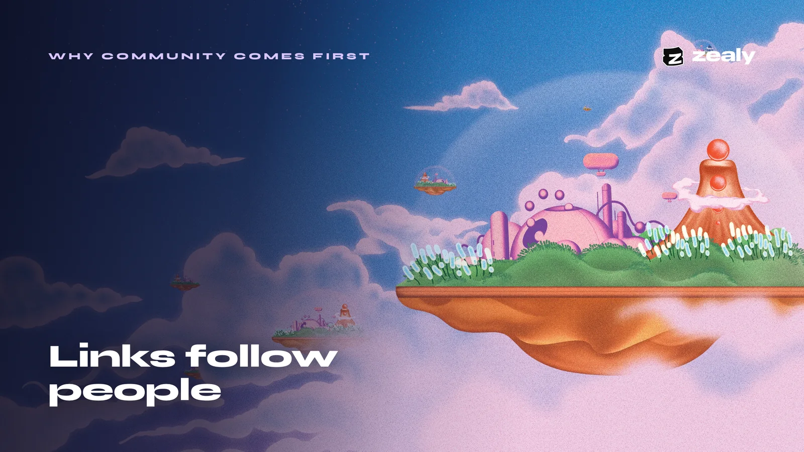 Links follow people — a floating world above the clouds.