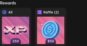 The Rewards block on the Sweep Community quest page, showing two rewards side by side: 250 XP under a globe icon labelled All, and a fifty dollar coin under a purple ticket icon labelled Raffle, two winners.