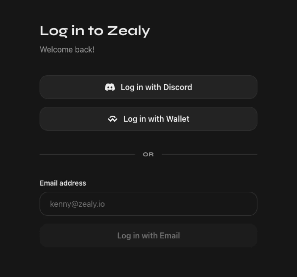 The Zealy login screen offering three options: log in with Discord, log in with Wallet, or log in with an email address.
