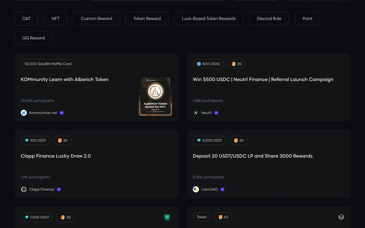 The Galxe quest explore page on 7 August 2026, with reward filter chips for OAT, NFT, Custom Reward, Token Reward, Luck-Based Token Rewards, Discord Role, Point and GG Reward.